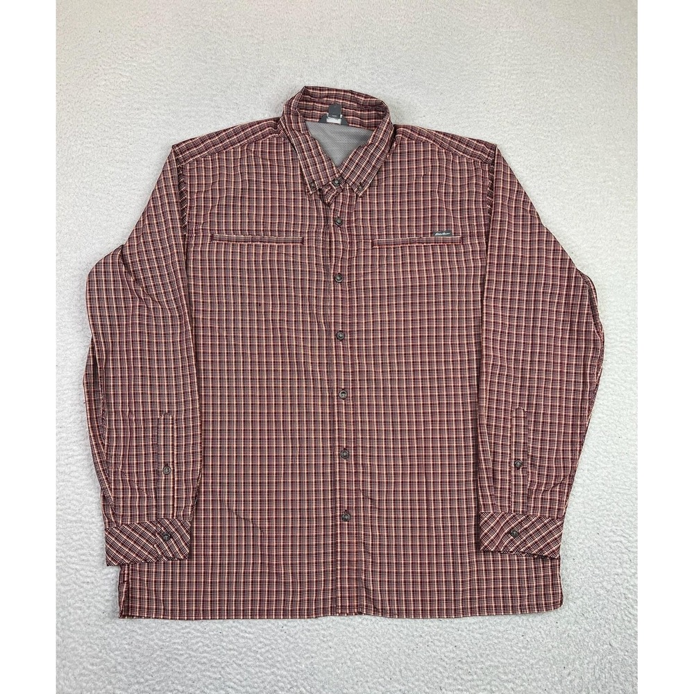 Eddie Bauer Shirt Mens XL Red Plaid Nylon Blend Long Sleeve Button Front Outdoor
